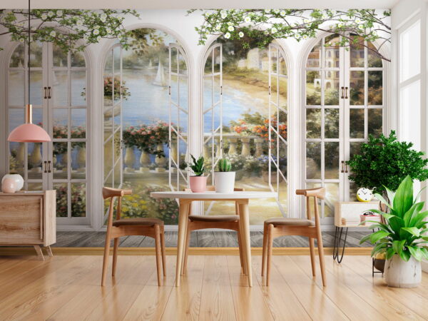 Peinture murale d'un jardin avec vue sur un balcon Peinture murale d'un jardin avec vue sur un balcon