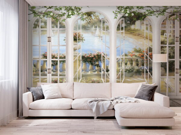 Peinture murale d'un jardin avec vue sur un balcon Peinture murale d'un jardin avec vue sur un balcon