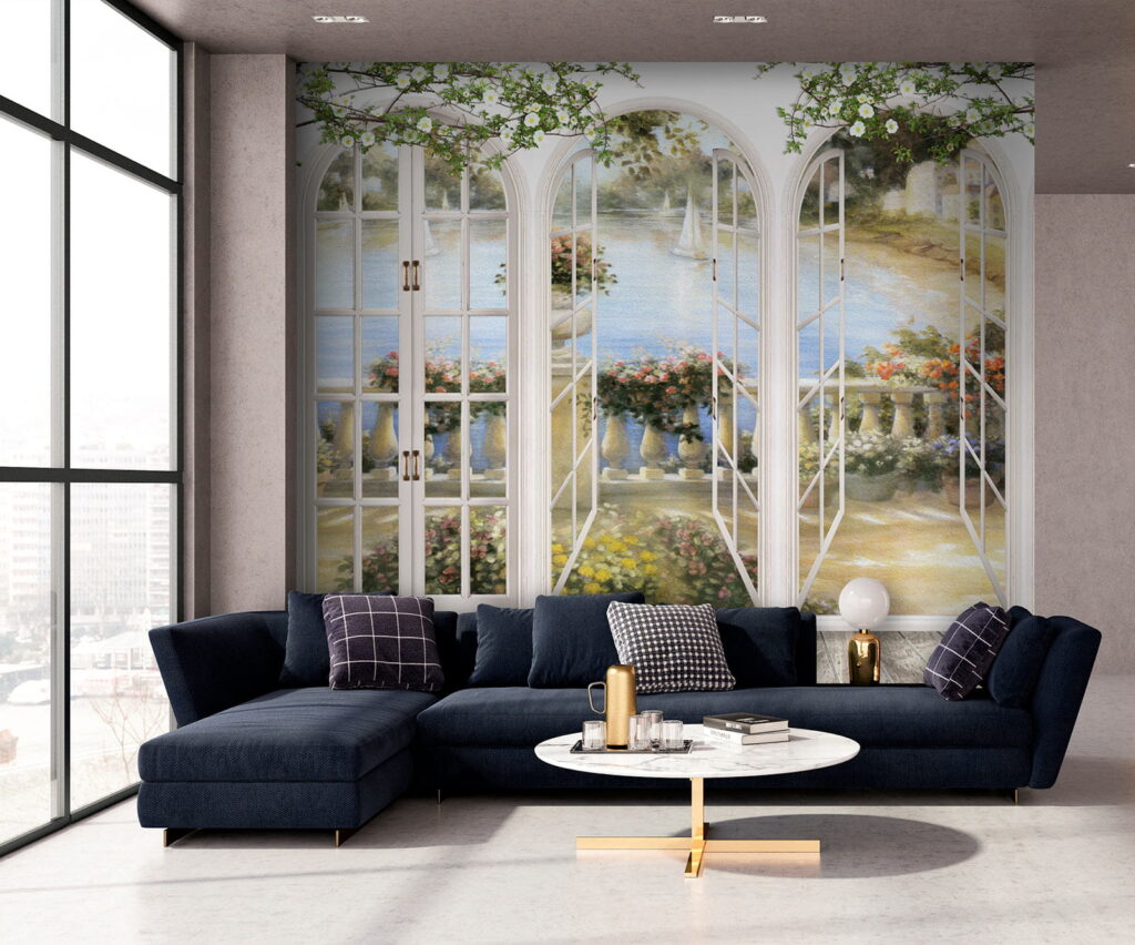 Wall mural of a garden with a view of a balcony Wall mural of a garden with a view of a balcony