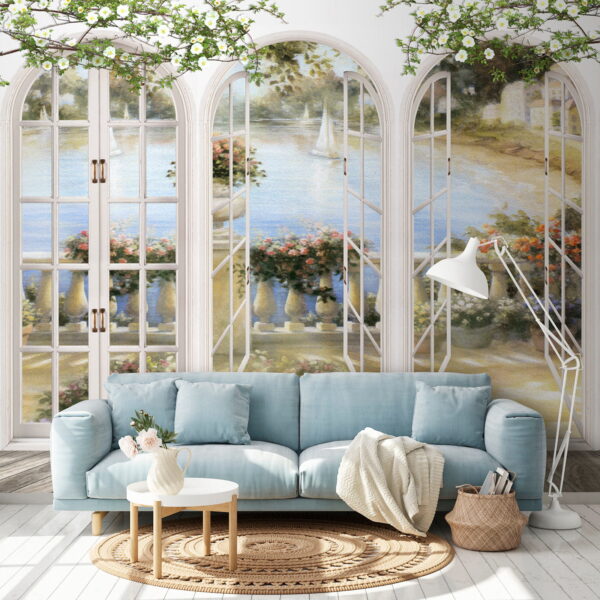 Peinture murale d'un jardin avec vue sur un balcon Peinture murale d'un jardin avec vue sur un balcon
