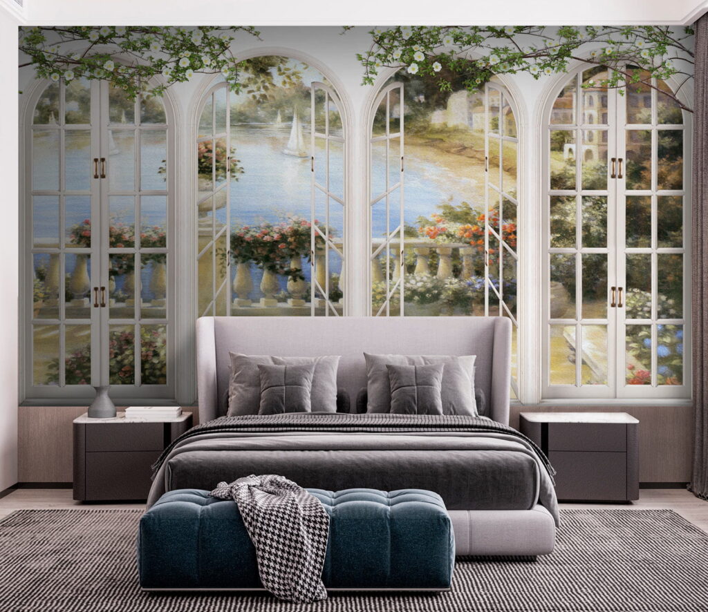 Wall mural of a garden with a view of a balcony Wall mural of a garden with a view of a balcony