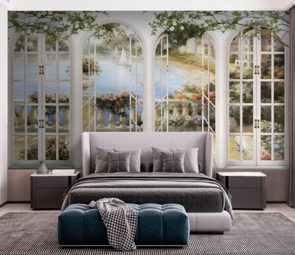 Peinture murale d'un jardin avec vue sur un balcon Peinture murale d'un jardin avec vue sur un balcon