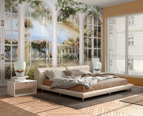 Peinture murale d'un jardin avec vue sur un balcon Peinture murale d'un jardin avec vue sur un balcon