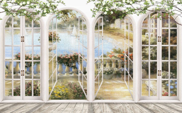 Peinture murale d'un jardin avec vue sur un balcon Peinture murale d'un jardin avec vue sur un balcon