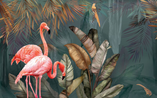 Flamants roses et oiseau dans une forêt Flamants roses et oiseau dans une forêt