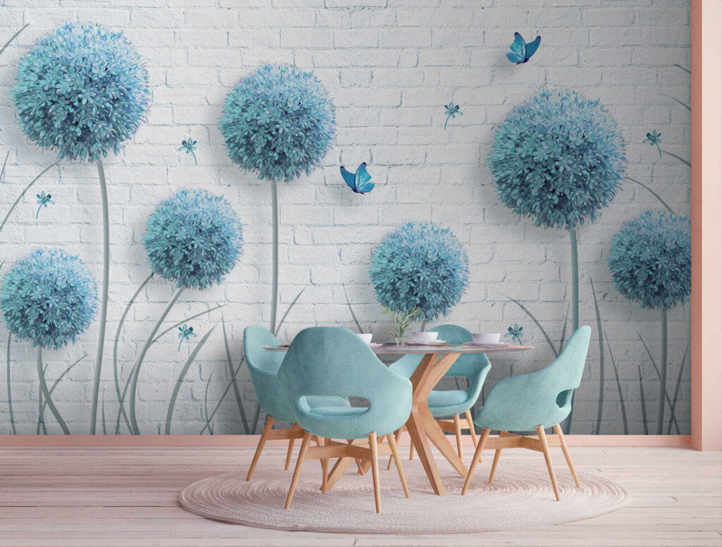 Wallpaper with blue flowers and butterflies