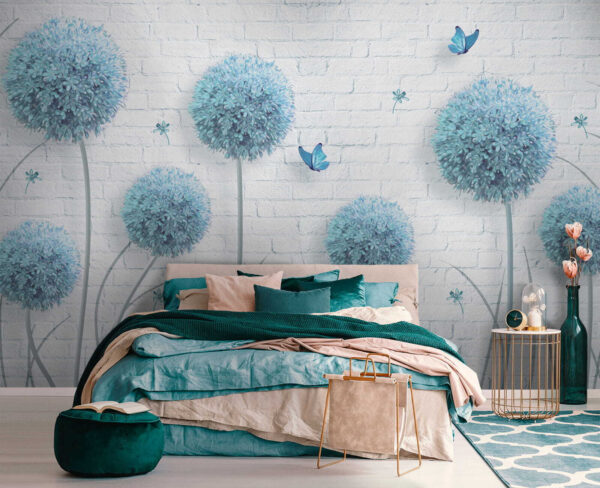 Papier peint avec des fleurs bleues et des papillons Papier peint avec des fleurs bleues et des papillons