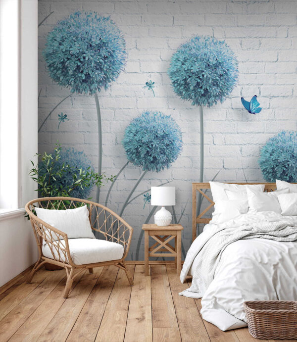 Papier peint avec des fleurs bleues et des papillons Papier peint avec des fleurs bleues et des papillons