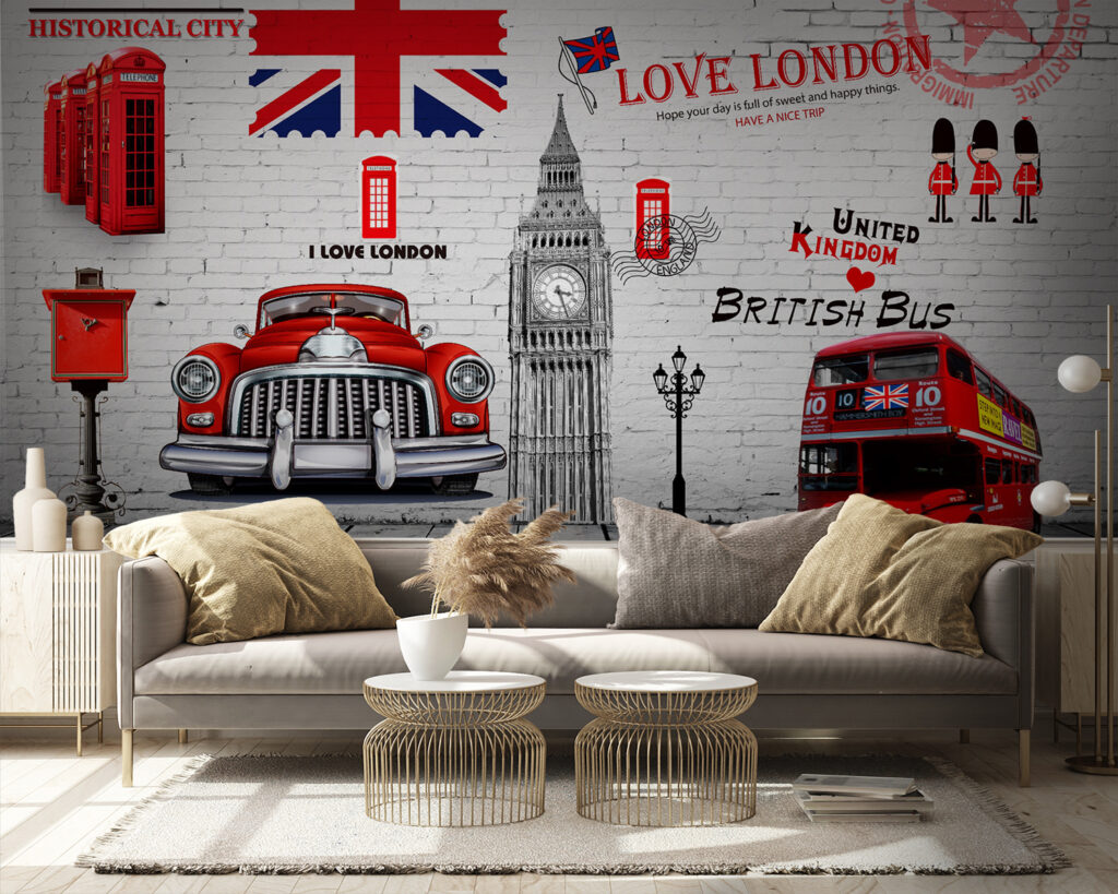 Red bus and a red bus painted on a wall Red bus and a red bus painted on a wall