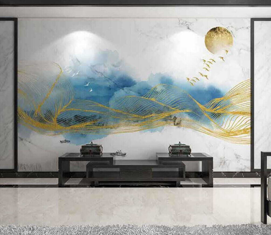Peinture de vagues et d'oiseaux