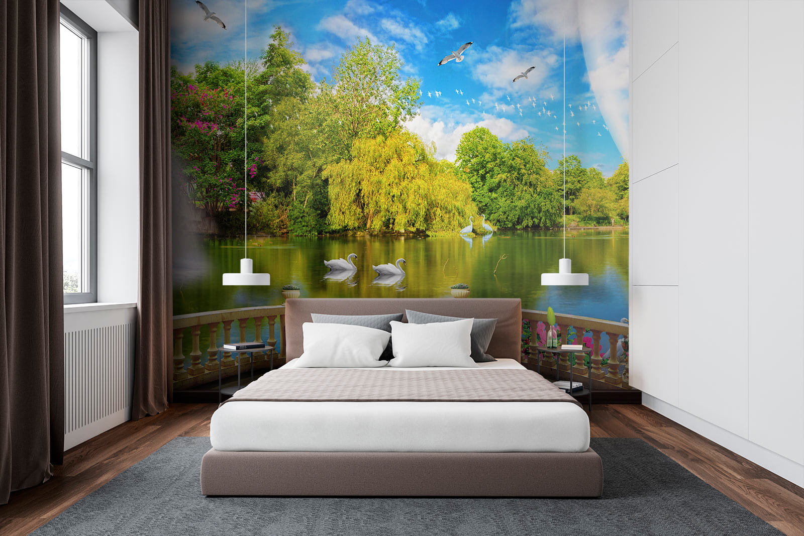 Vue d'un étang avec des oiseaux et des arbres u18753pib2m - Vue d'un étang avec des oiseaux et des arbres - tegory