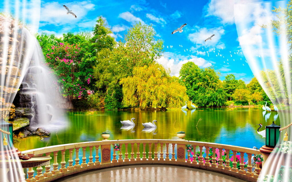 Vue d'un étang avec des oiseaux et des arbres Vue d'un étang avec des oiseaux et des arbres