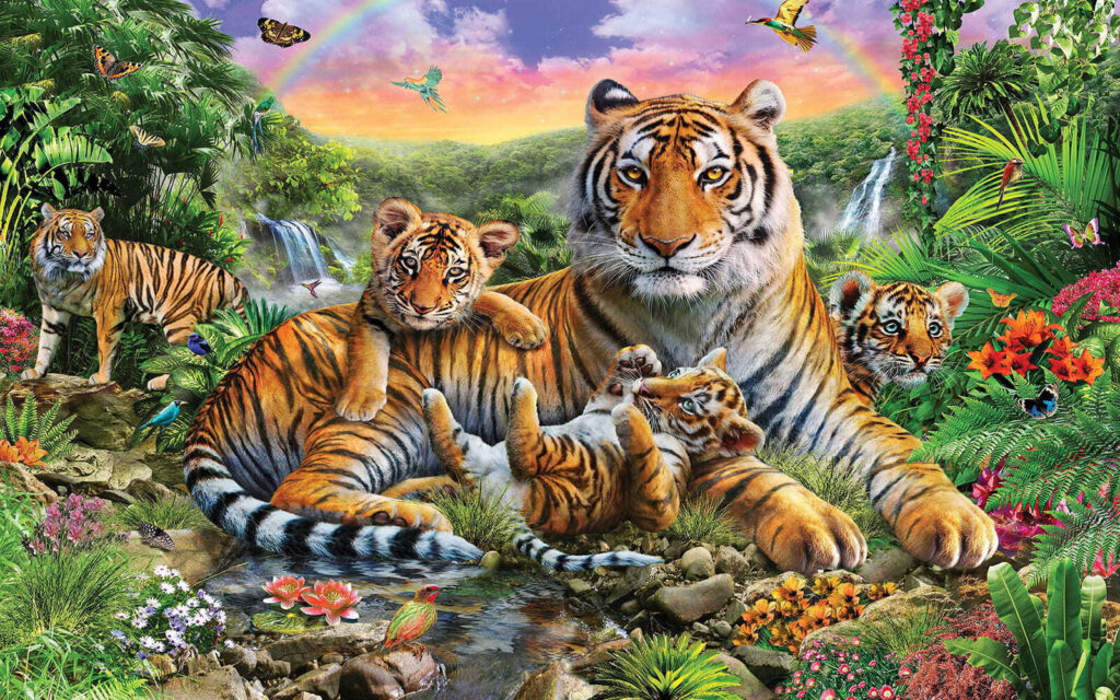 Groupe de tigres allongés dans une rivière Groupe de tigres allongés dans une rivière