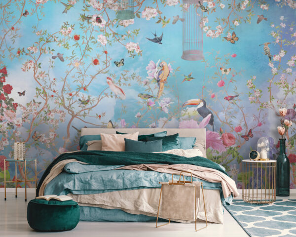 Papier peint avec des oiseaux et des fleurs Papier peint avec des oiseaux et des fleurs