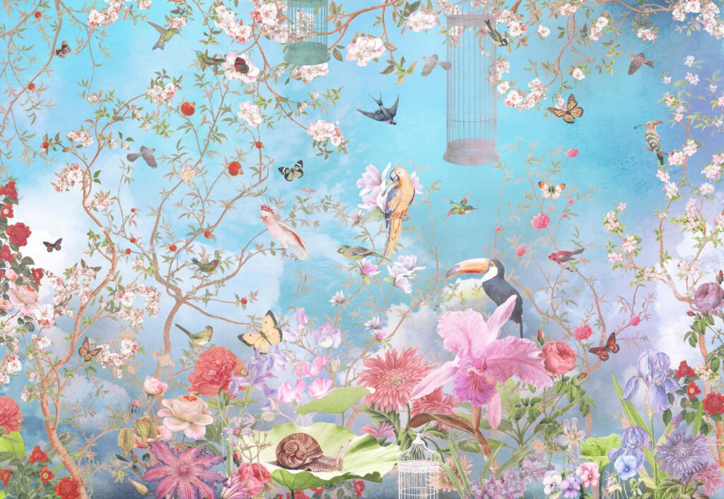 Papier peint avec des oiseaux et des fleurs Papier peint avec des oiseaux et des fleurs