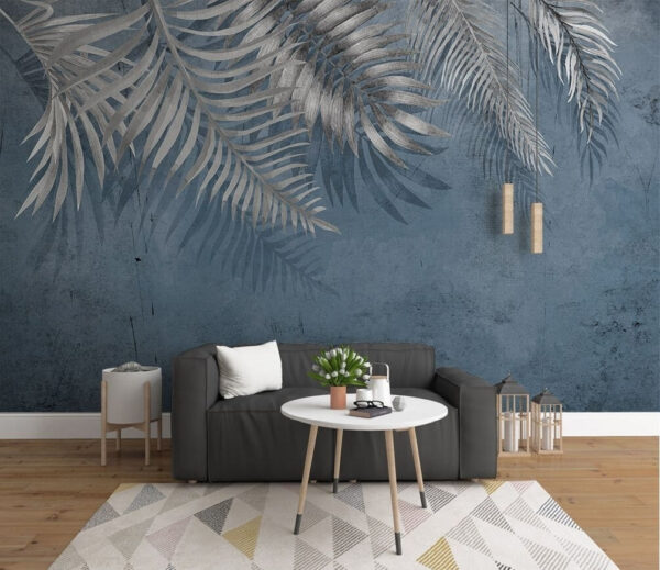 Fond bleu avec des feuilles argentées Papier peint Fond bleu avec des feuilles argentées