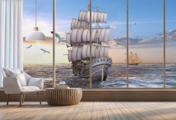 Bateau dans l'eau avec des oiseaux qui volent Bateau dans l'eau avec des oiseaux qui volent