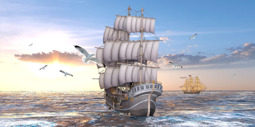Bateau dans l'eau avec des oiseaux qui volent Bateau dans l'eau avec des oiseaux qui volent