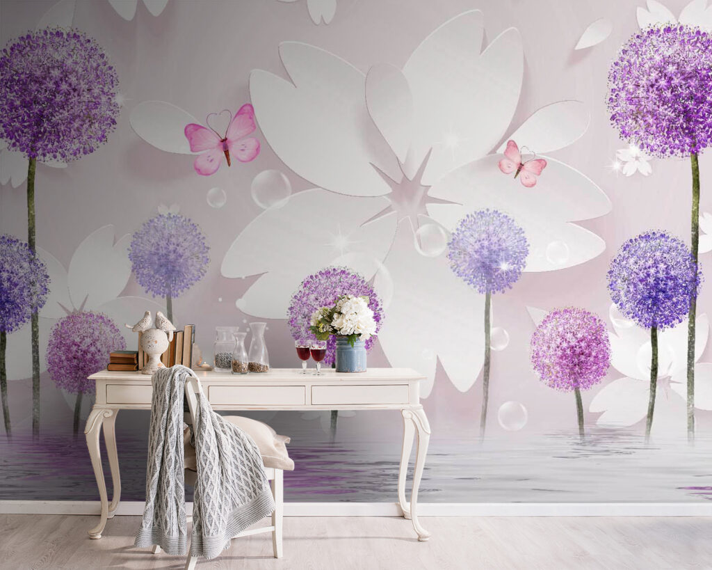 Purple and white flowers with butterflies Purple and white flowers with butterflies