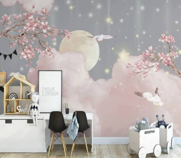 Papier peint Papier peint Lune et nuages avec oiseaux et étoiles (UGS : u13416)