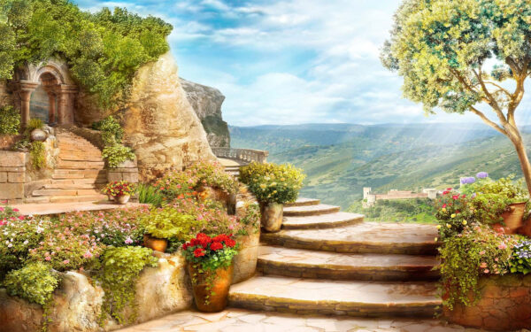 Escalier en pierre avec plantes et arbres sur le côté Escalier en pierre avec plantes et arbres sur le côté