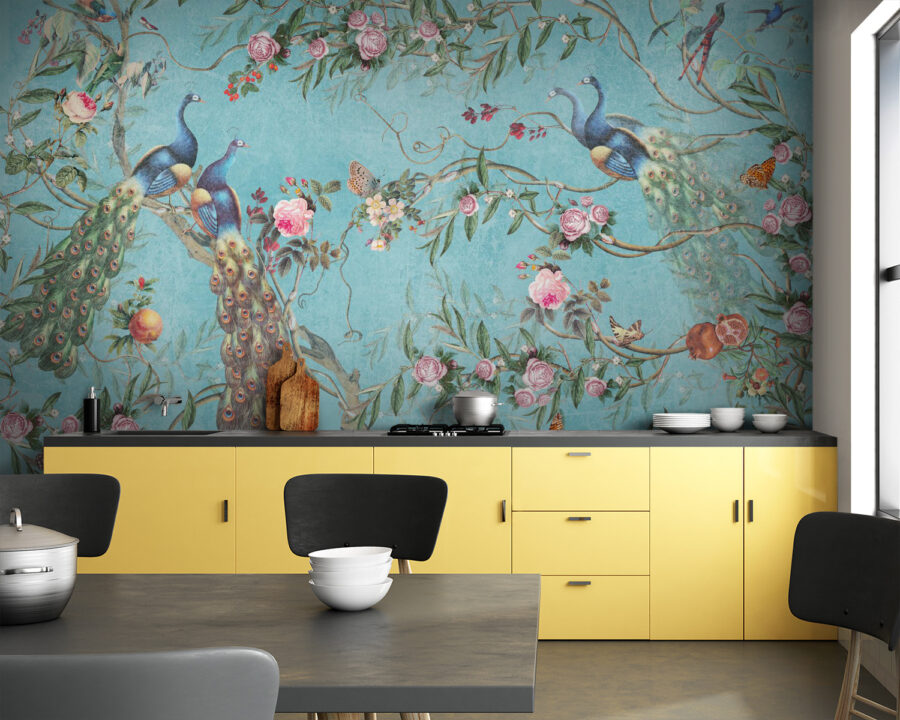 Un papier peint avec des oiseaux et des fleurs
