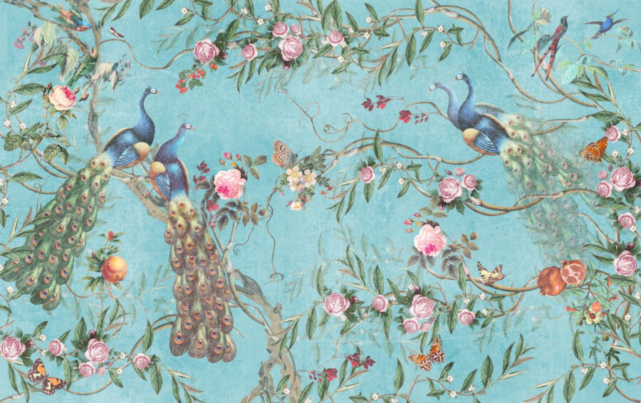 Un papier peint avec des oiseaux et des fleurs