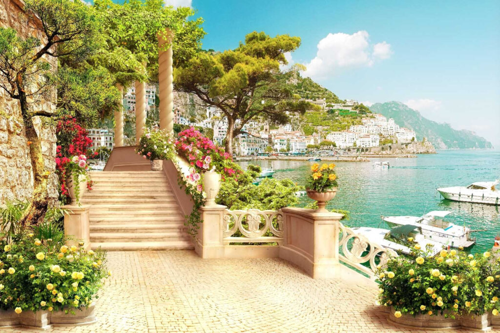 Escalier en pierre avec fleurs et arbres au bord de l'eau Escalier en pierre avec fleurs et arbres au bord de l'eau