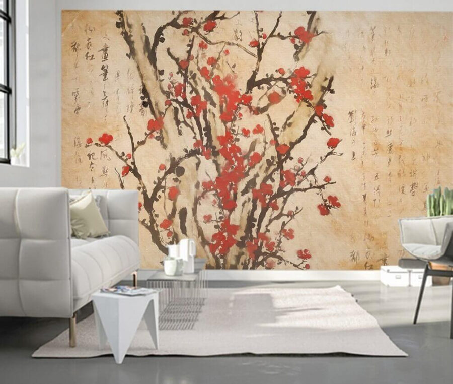 Peinture d'un arbre avec des fleurs rouges Peinture d'un arbre avec des fleurs rouges