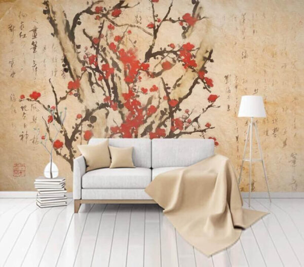 Peinture d'un arbre avec des fleurs rouges Peinture d'un arbre avec des fleurs rouges