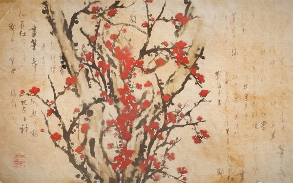 Peinture d'un arbre avec des fleurs rouges Peinture d'un arbre avec des fleurs rouges