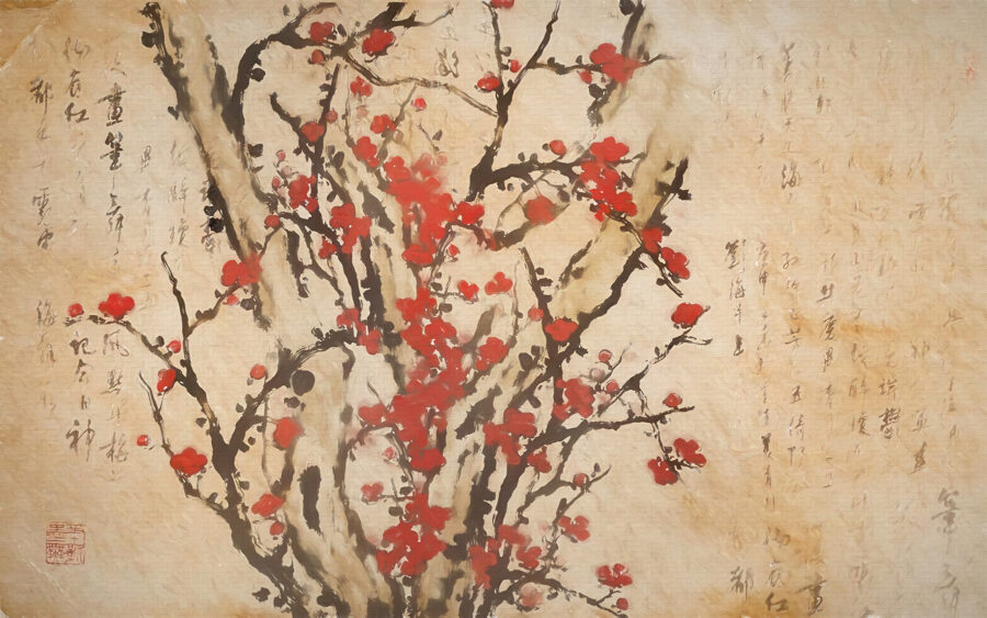 Peinture d'un arbre avec des fleurs rouges Peinture d'un arbre avec des fleurs rouges