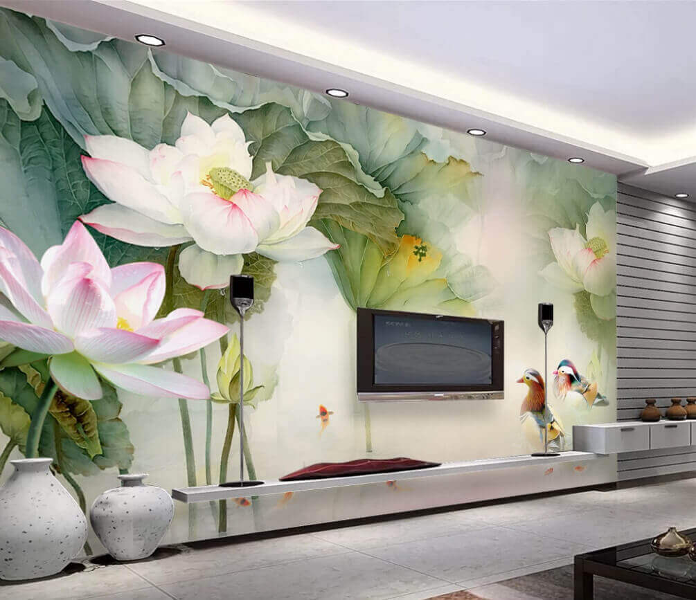 u10109pig1m - Peinture d'un canard nageant dans un étang avec des fleurs - tegory