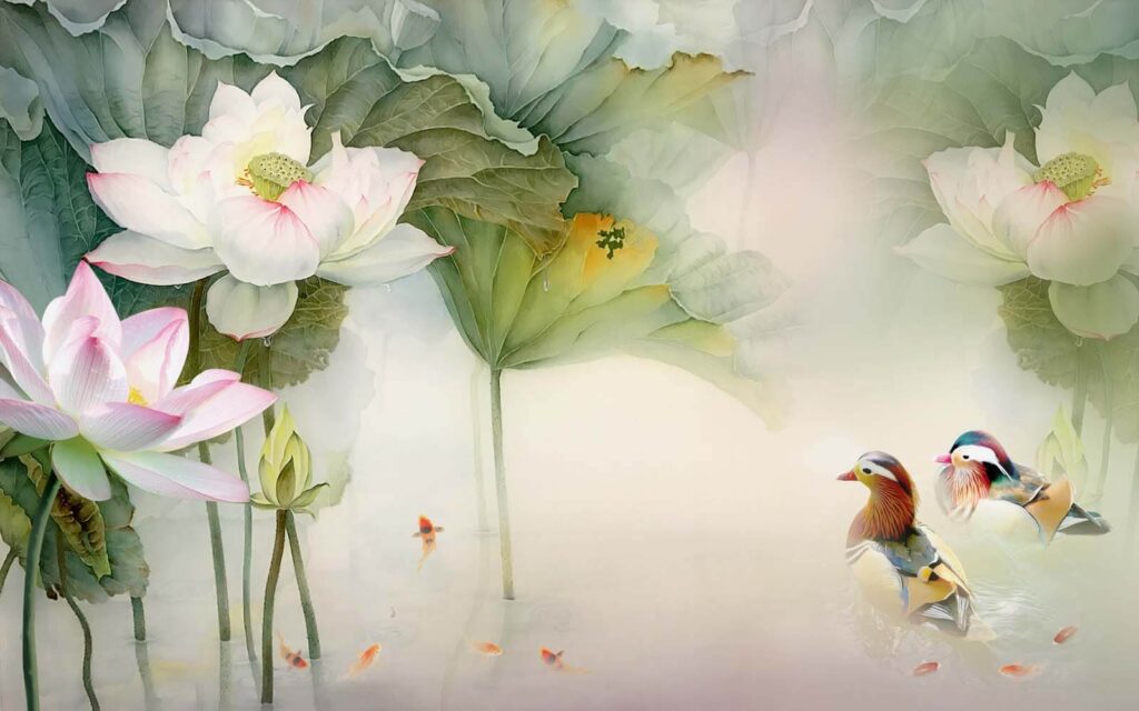 Peinture d'un canard nageant dans un étang avec des fleurs Peinture d'un canard nageant dans un étang avec des fleurs
