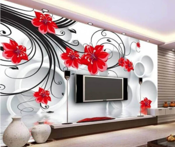 Papier peint Papier peint Papier peint avec des fleurs rouges et des cercles blancs (UGS : u08994)