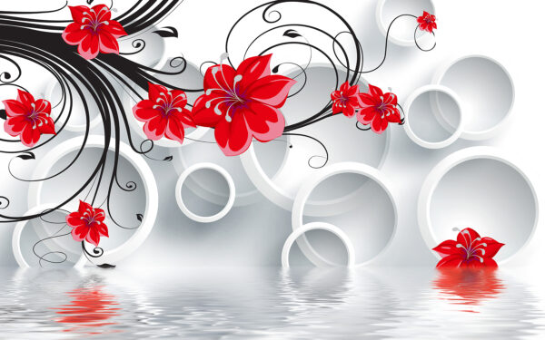 Papier peint avec des fleurs rouges et des cercles blancs Papier peint avec des fleurs rouges et des cercles blancs