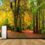 Papier peint Chemin avec des arbres et des feuilles