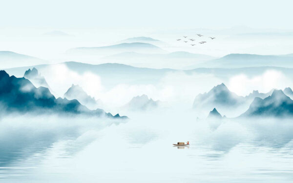 Bateau sur l'eau avec des montagnes et des oiseaux qui volent Bateau sur l'eau avec des montagnes et des oiseaux qui volent