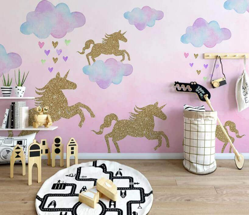 Licornes et nuages avec des cœurs et des cœurs