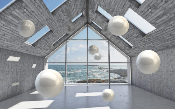 Salle avec des boules blanches flottant dans l'air u01055p 600x375 - Salle avec des boules blanches flottant dans l'air