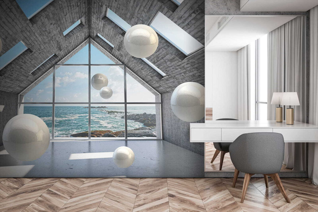 Salle avec des boules blanches flottant dans l'air u01055pib1 1024x683 - Salle avec des boules blanches flottant dans l'air