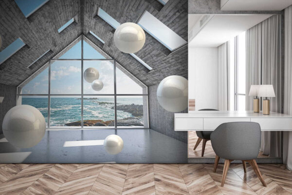Salle avec des boules blanches flottant dans l'air u01055pib1 600x400 - Salle avec des boules blanches flottant dans l'air