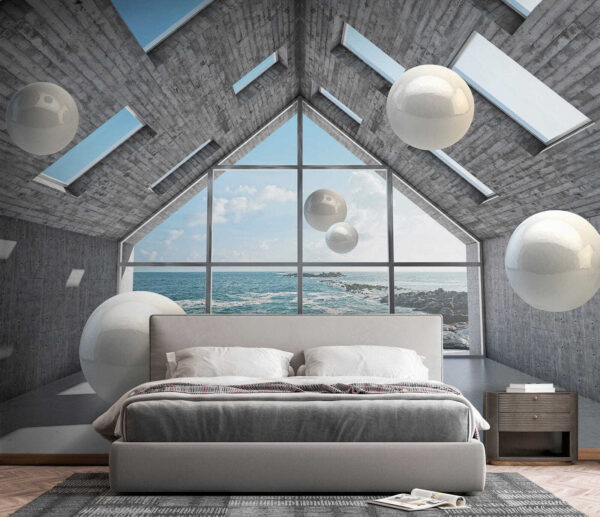 Salle avec des boules blanches flottant dans l'air u01055pib2 600x517 - Salle avec des boules blanches flottant dans l'air