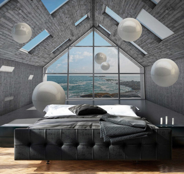 Salle avec des boules blanches flottant dans l'air u01055pib3 600x566 - Salle avec des boules blanches flottant dans l'air