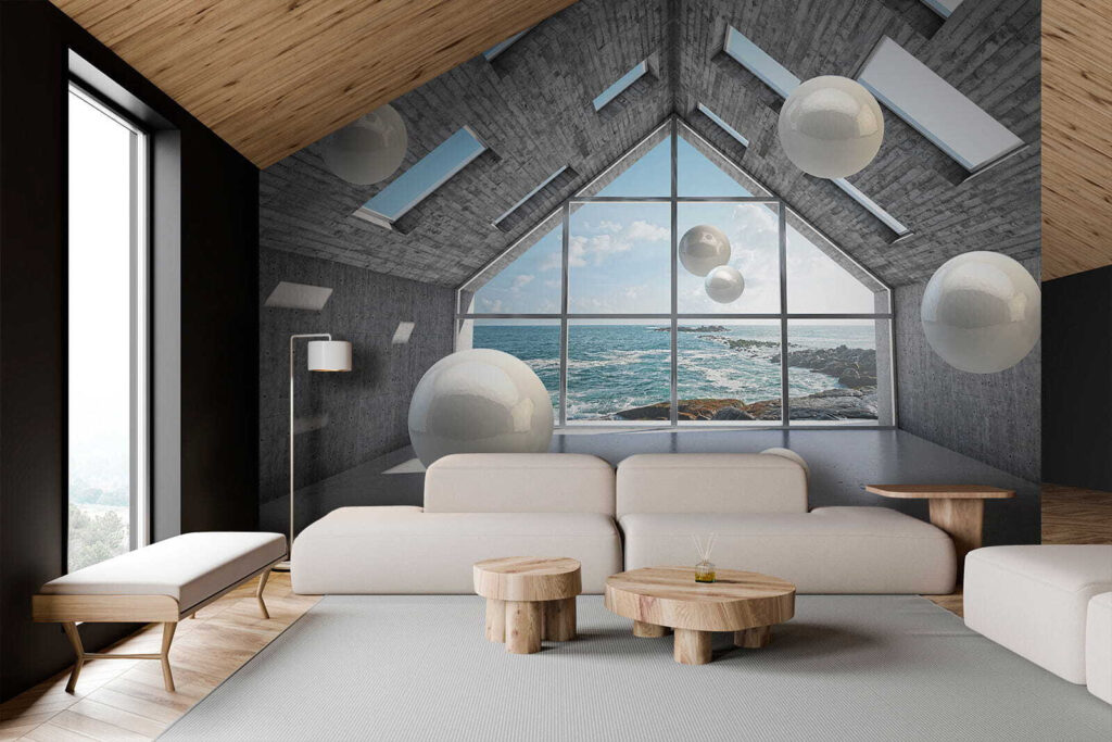Salle avec des boules blanches flottant dans l'air u01055pig3m 1024x683 - Salle avec des boules blanches flottant dans l'air