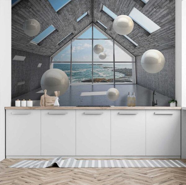 Salle avec des boules blanches flottant dans l'air u01055pik1 600x595 - Salle avec des boules blanches flottant dans l'air