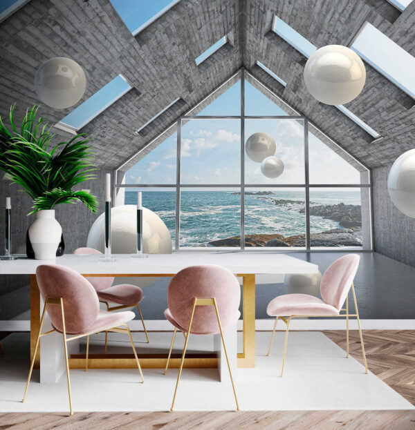 Salle avec des boules blanches flottant dans l'air u01055piw1 600x623 - Salle avec des boules blanches flottant dans l'air