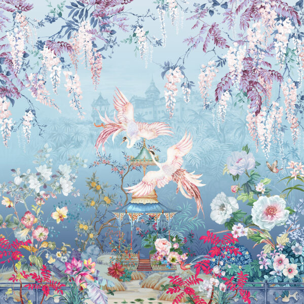 Peinture d'oiseaux survolant une pagode et des fleurs Peinture d'oiseaux survolant une pagode et des fleurs