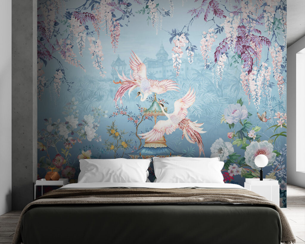 Painting of birds flying over a pagoda and flowers Painting of birds flying over a pagoda and flowers