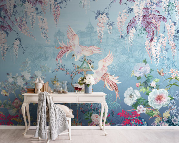Peinture d'oiseaux survolant une pagode et des fleurs Peinture d'oiseaux survolant une pagode et des fleurs